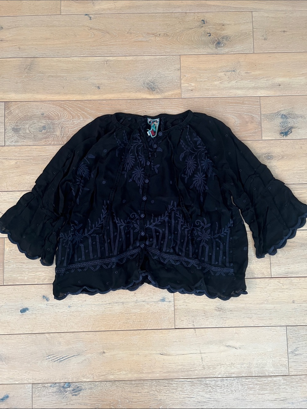 Johnny Was Black Embroidered Scalloped Shirt